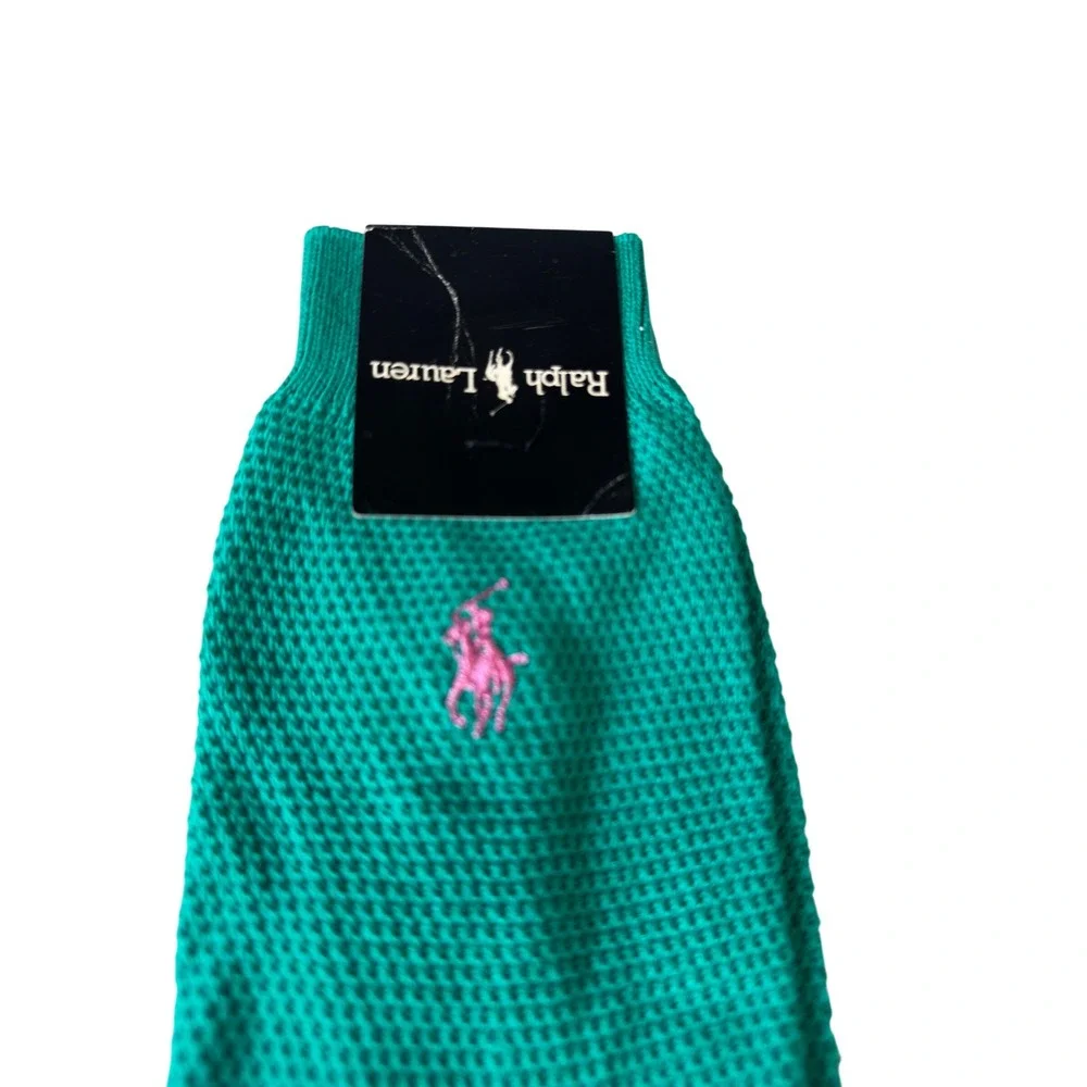 Polo Ralph Lauren womens Spring Green Waffle Knit Crew Socks Pink Pony 9-11 KC